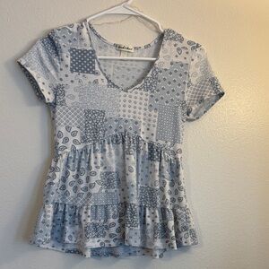 Blue and White Patchwork Short Sleeve Top